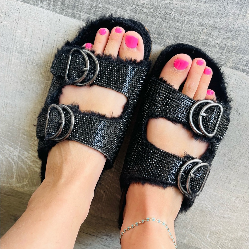 Very G Rhinestone Furry Sandals